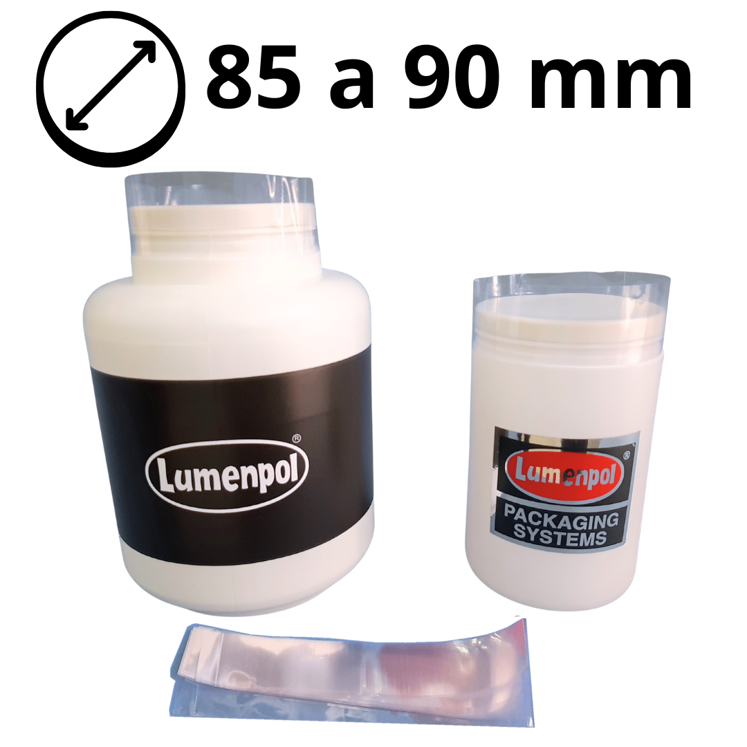 Precinto termocontraíble de 85 a 90 mm aplicado en frasco con tapa a rosca