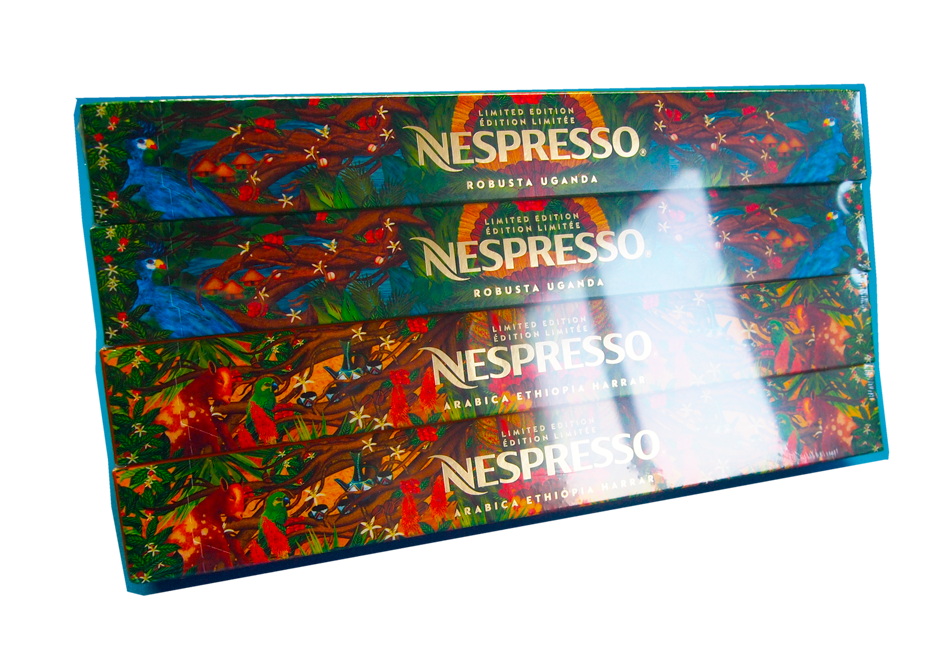 Cajas de café Nespresso envueltas con film OPTI termocontraible para embalaje premium