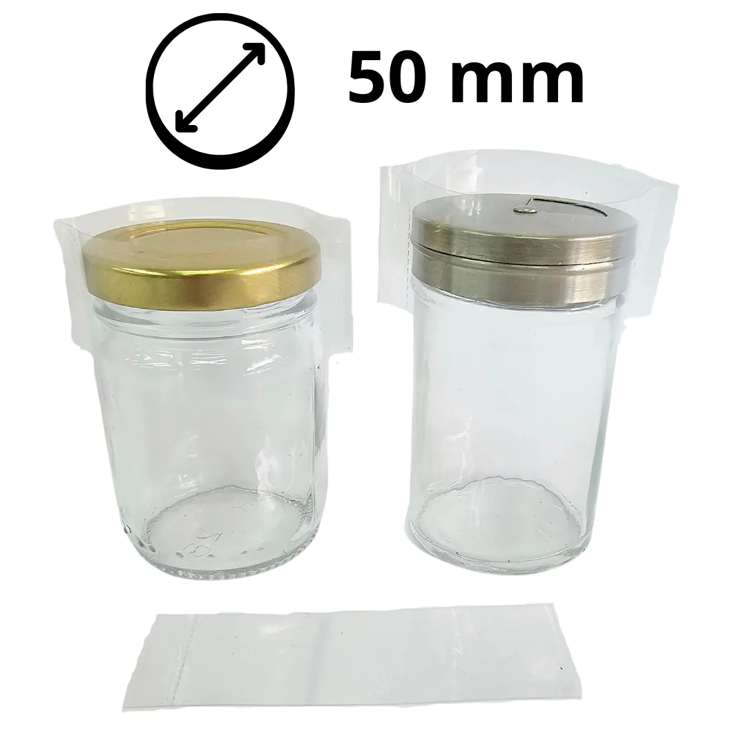 Precinto termocontraíble de 50 mm aplicado en frasco con tapa a rosca