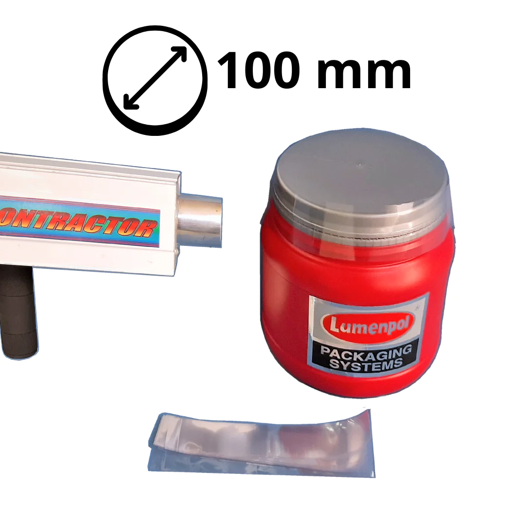 Precinto termocontraíble de 100 mm aplicado en frasco grande con tapa rosca